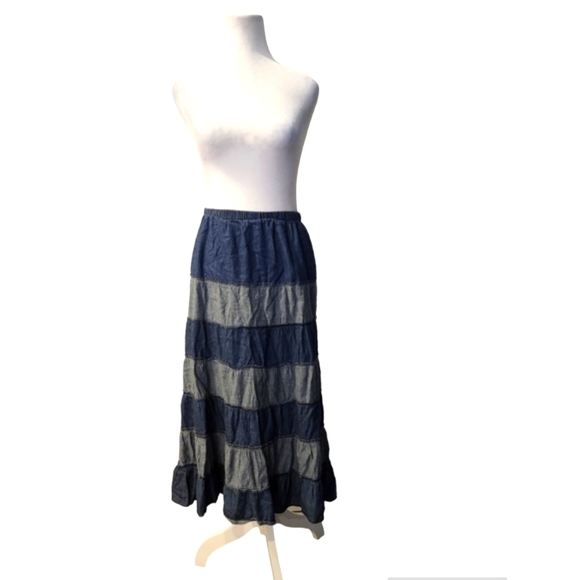 Denim Blue Layered Slip On Midi Skirt 100% Cotton - Picture 2 of 6